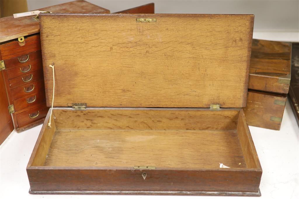 A 19th century mahogany travelling apothecary chest, a walnut writing slope and an oak document box,